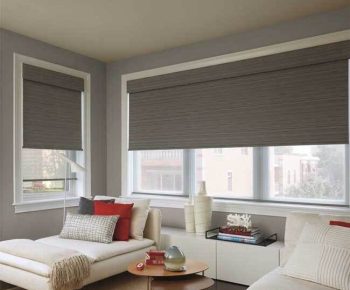 Rollers/Roman A modern living room with gray walls, large windows with roller shades, white furniture, and decorative pillows.